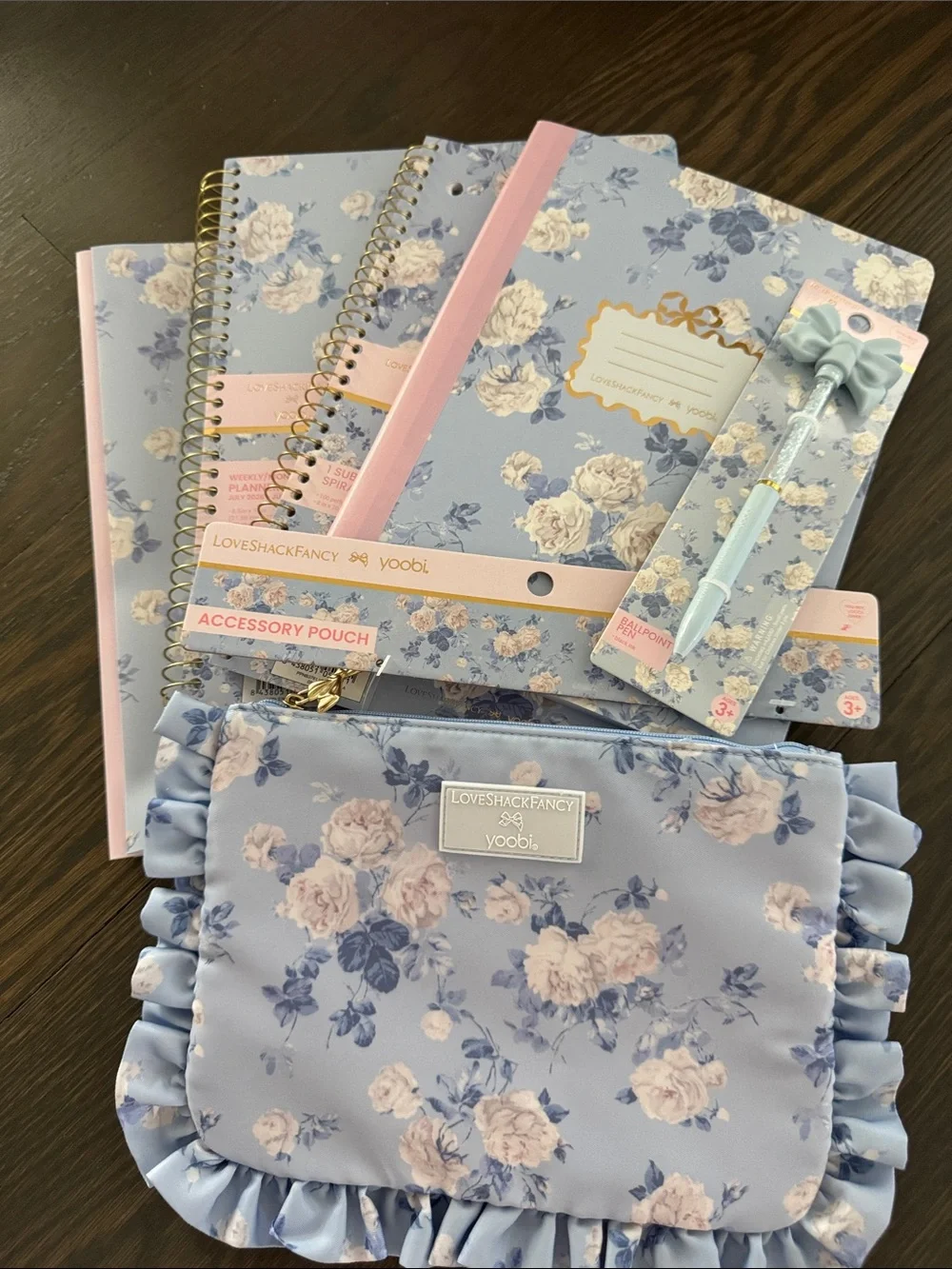 LoveShackFancy Kids Blue Floral Ruffle Accessory Pouch & Stationery Set